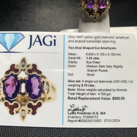 14kt gold diamond, amethyst and enameled bohemian ring - Picture 3 of 3